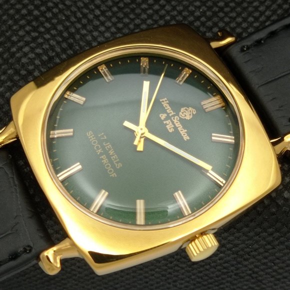 Vintage 1973 Square Henri Sandoz Manual Mens Gold Watch W/Green Face - Picture 6 of 8